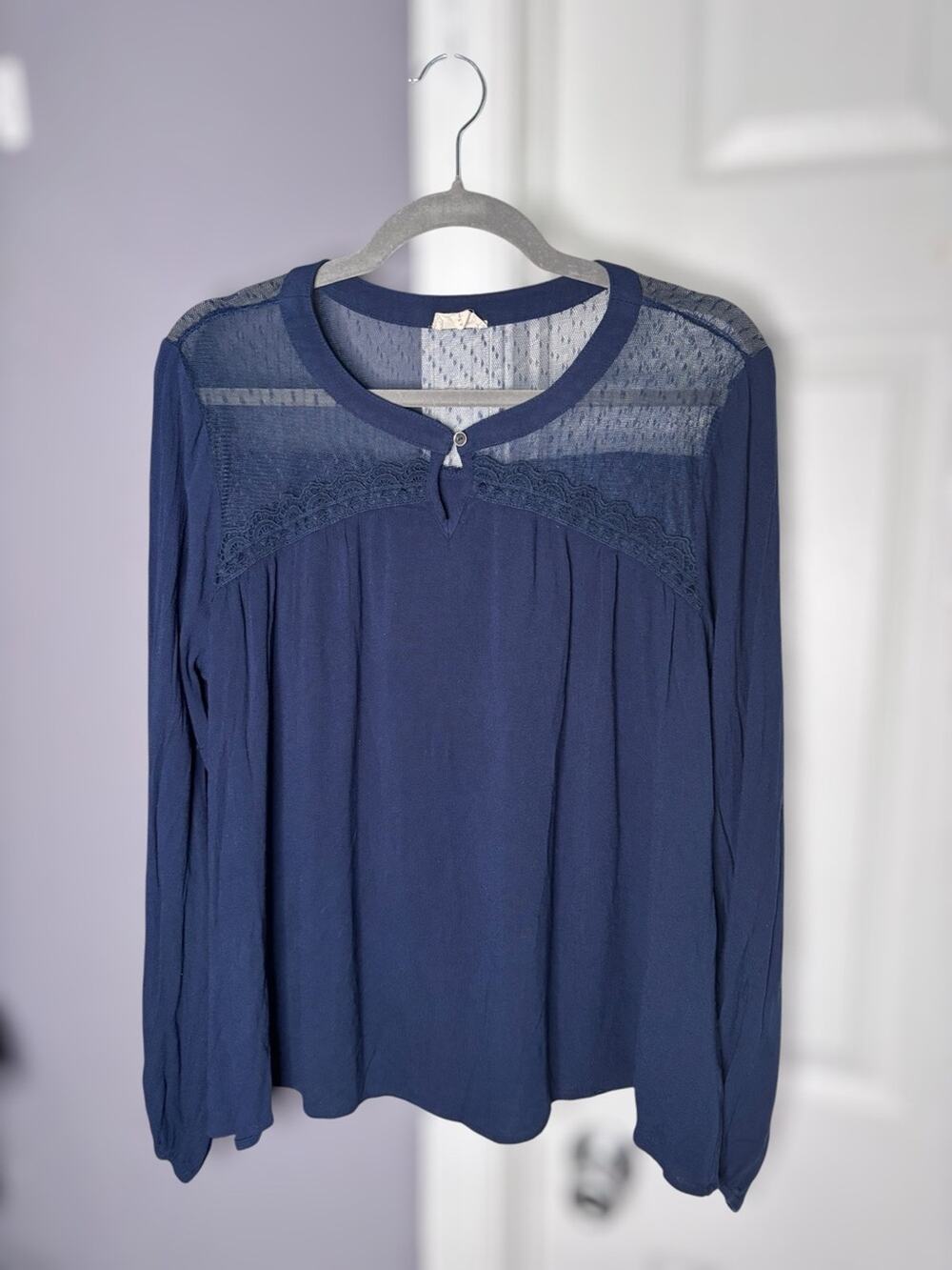 Hem & Thread Navy Blue Balloon Sleeve Mesh Detail Blouse Large